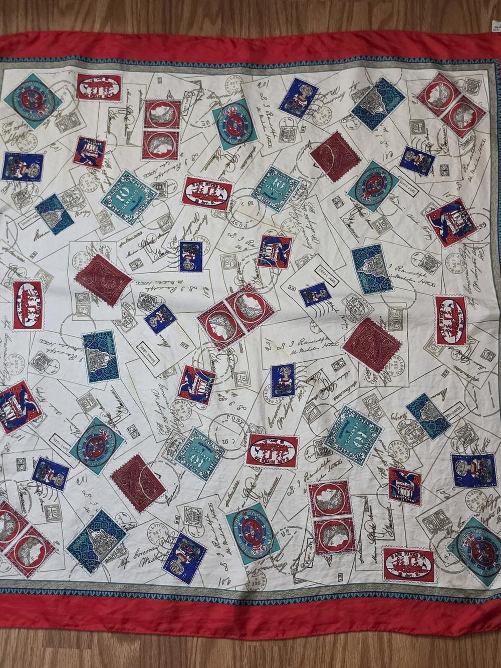 Vintage Ginnie Johansen Postal Stamp Print Silk Scarf